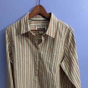 Tommy Bahamas shirt, size 14, 100% cotton, pink, beige, grey and white stripes.